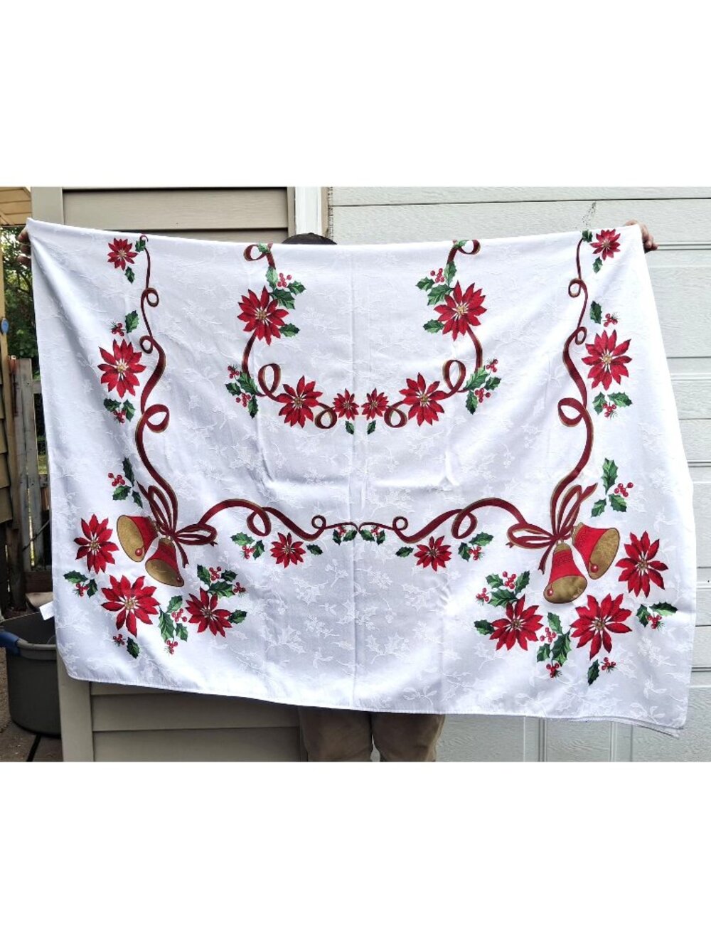 Christmas Tablecloth With Poinsettia Bells & Holly Design White Jacquard Fabric